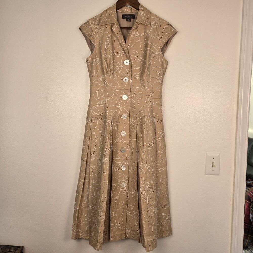 VTG 1950’s Style Liz Claiborne Fit N Flare Cotton Dress Size 4 Tan Floral 90's